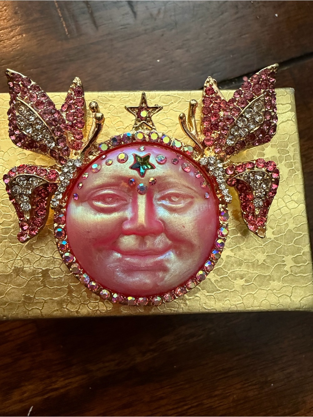 Source Unknown Pink Iridescent Sun Face Brooch with Crystal Wings